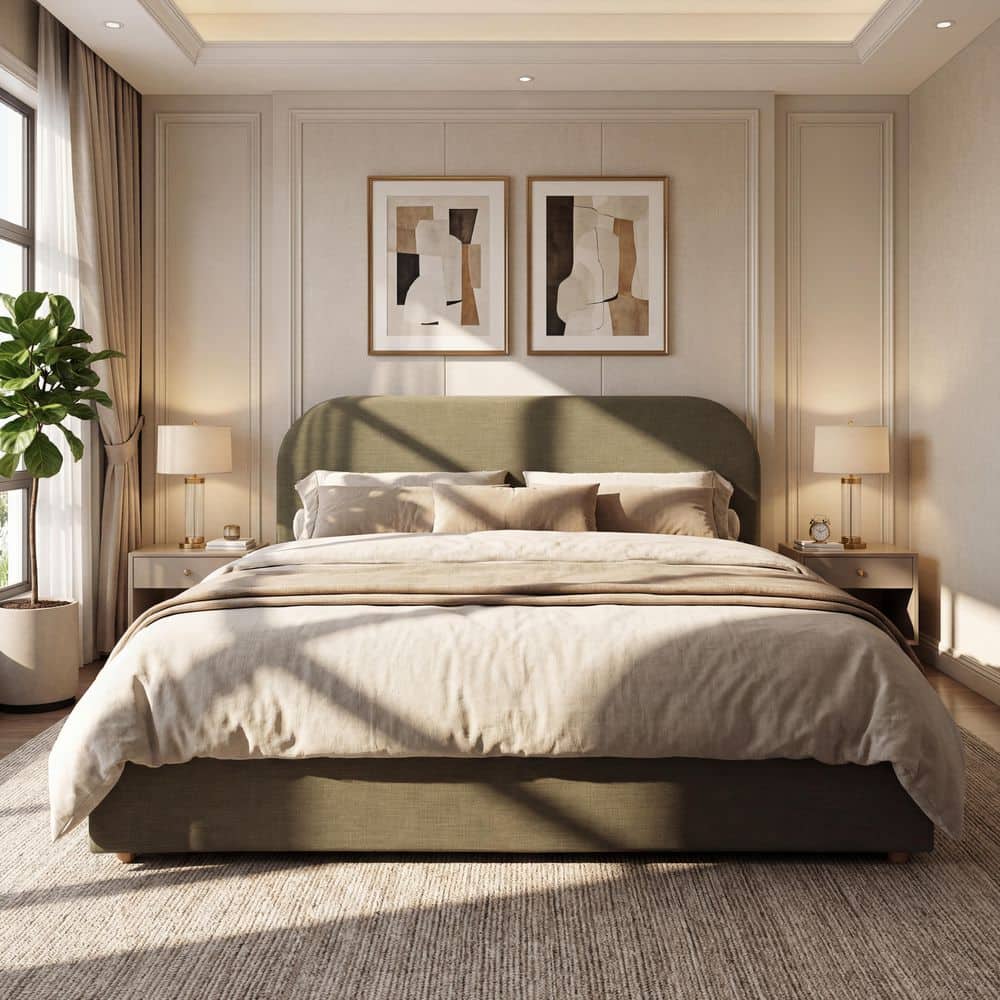 Dresvik Modern Beige Wood Frame King Size Platform Bed with Linen Upholstered Curved Headboard and Footboard