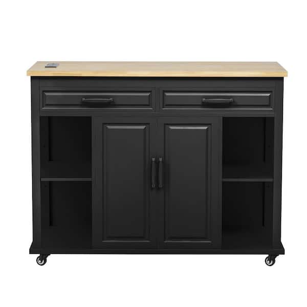 Ziyudura Black Rubber Wood Veneer Top 47 in. Kitchen Island with Power Outlet, 6-Smooth Wheels, Adjustable Shelves