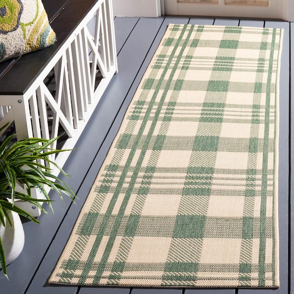 Courtyard Green/Beige 2 ft. x 12 ft. Plaid Indoor/Outdoor Runner Rug