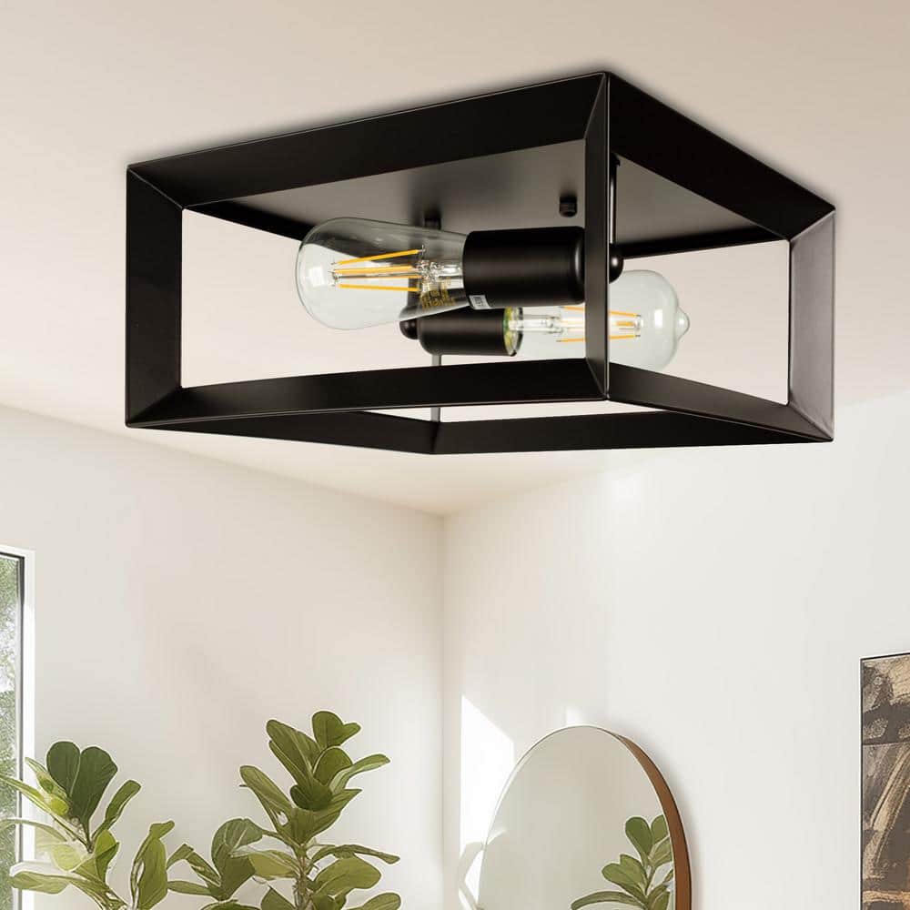 Matte Black 2-Light Square Metal Flush Mount Ceiling Fixture