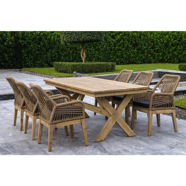 Outsy 7-Piece Santino Grey Wood Rectangular Standard Height Outdoor Dining Set with Sunbrella Grey Cushions