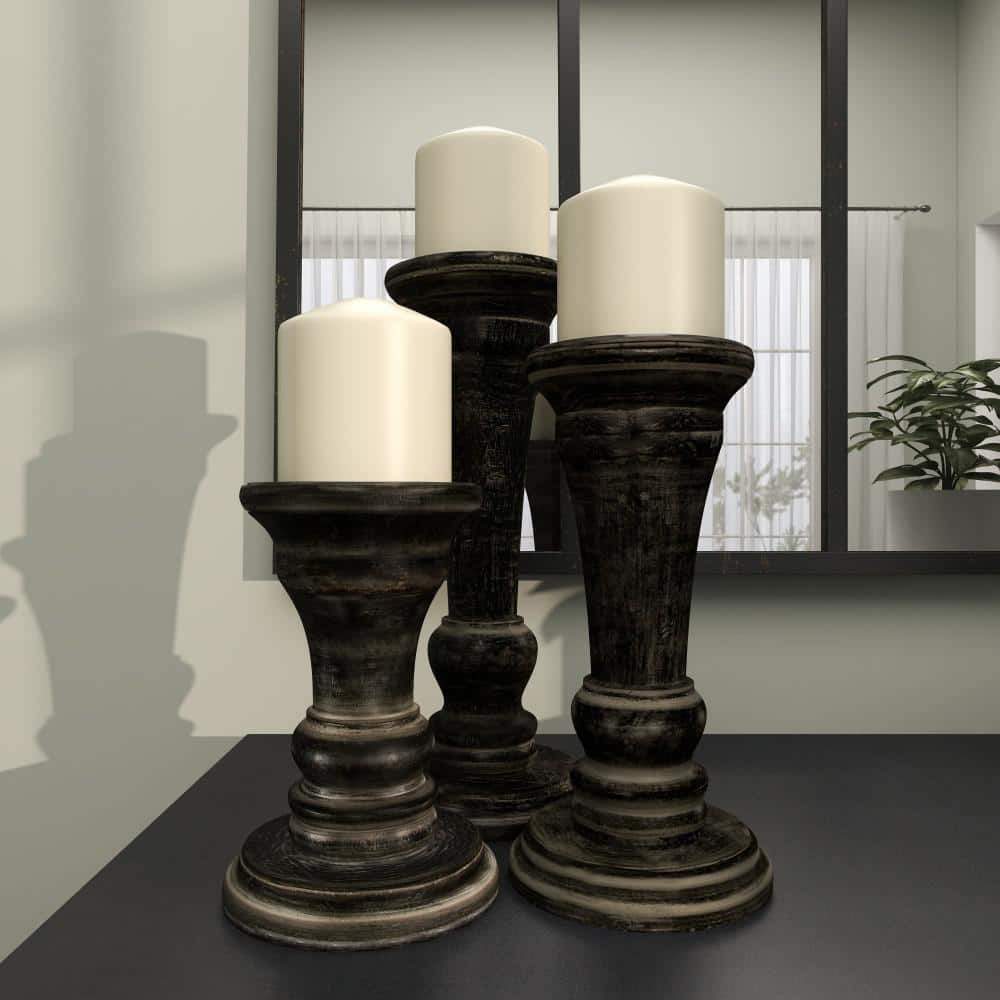 Black Mango Wood Ridge Embellished Candle Holders, Set of 3