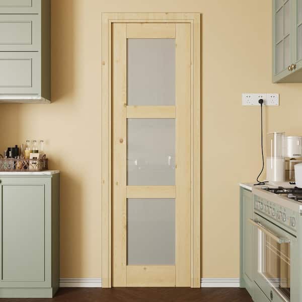 24 in. x 80 in. 3-Lite Tempered Frosted Glass Unfinished Solid Core Pine Wood Interior Door Slab