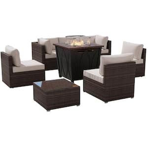 8-Piece Brown Wicker Patio Conversation Set with Beige Cushions, 28 in. Propane Fire Table, Lid, Glass Wind Guard