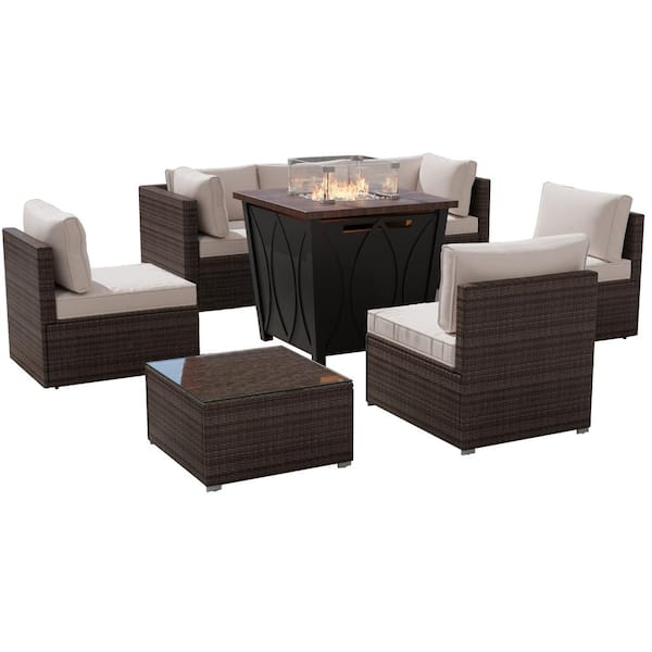 Tenleaf 8-Piece Brown Wicker Patio Conversation Set with Beige Cushions, 28 in. Propane Fire Table, Lid, Glass Wind Guard