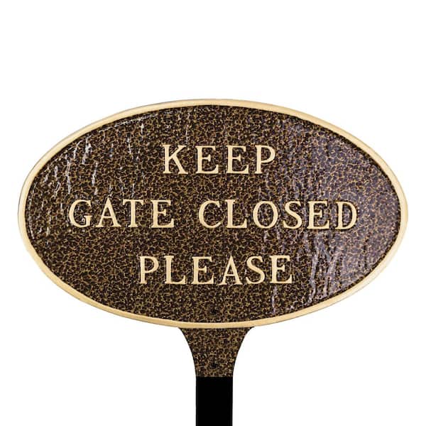 Montague Metal Products Keep Gate Closed Please Small Oval Statement Plaque with Lawn Stake Hammered Bronze