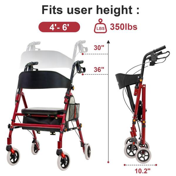 DAILYLIFE Rollator Walker歩行器 赤 Anqtovp 4Wheel Lightweight Foldable Rollator Walker in Red with