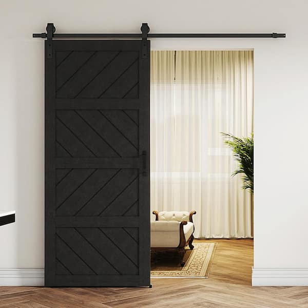 36 in. x 84 in. Black, MDF, 4 Panel Paneled Wood Wave Water-Proof PVC Surface Sliding Barn Door with Hardware Kit