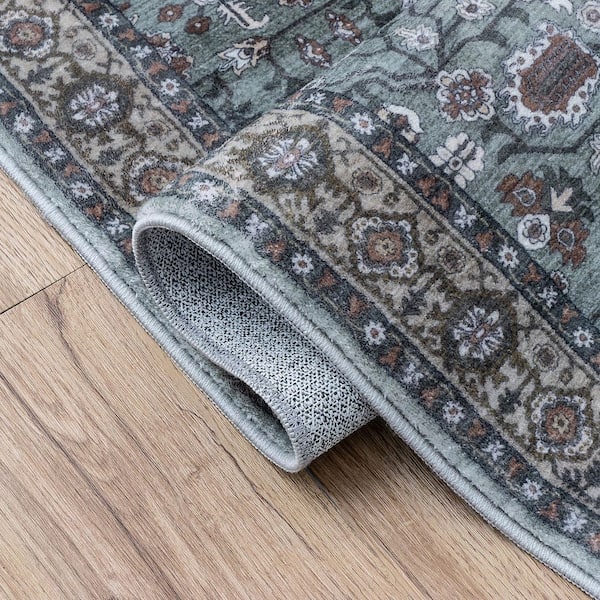 Subtlety Medallion All-Over Floral Border Non-Slip Machine-Washable Green/Brown 4 ft. x 6 ft. Area Rug
