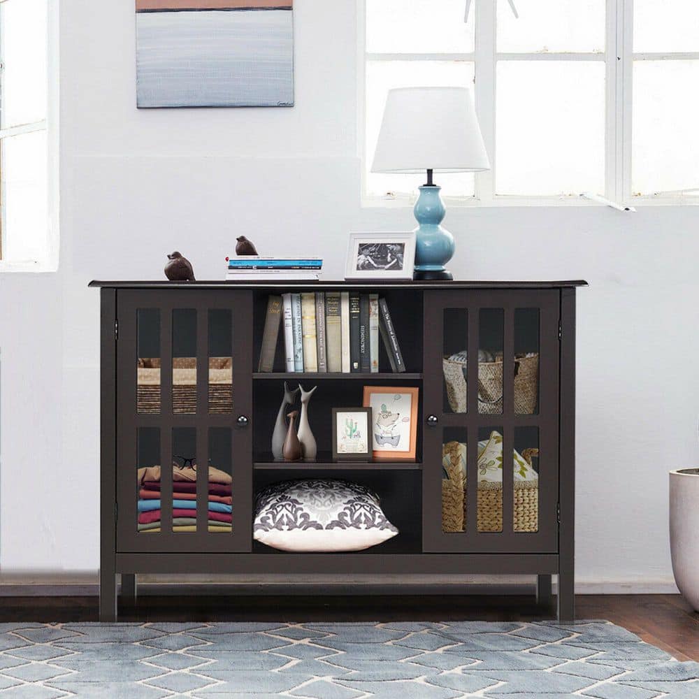 Elegant Tall Brown TV Console with Cabinet Storage and Shelves