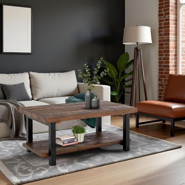 Alaterre Furniture - Pomona 42 in. Rustic/Natural Rectangle Wood Top Coffee Table with Shelf