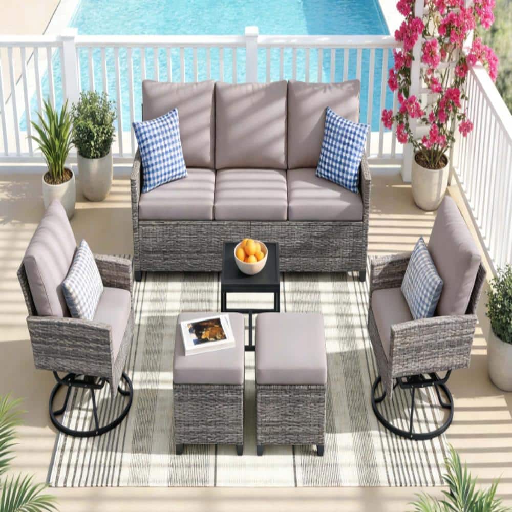 6-Piece Grey Wicker Outdoor Sectional Set with Grey Cushions for Garden, Backyard price history on PriceWatchPro