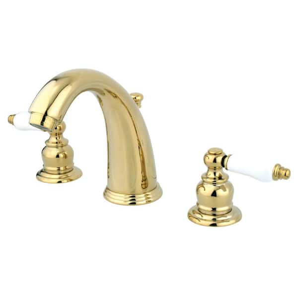 Kingston Brass English Country 8 in. Widespread 2-Handle Bathroom Faucets with Plastic Pop-Up in Polished Brass