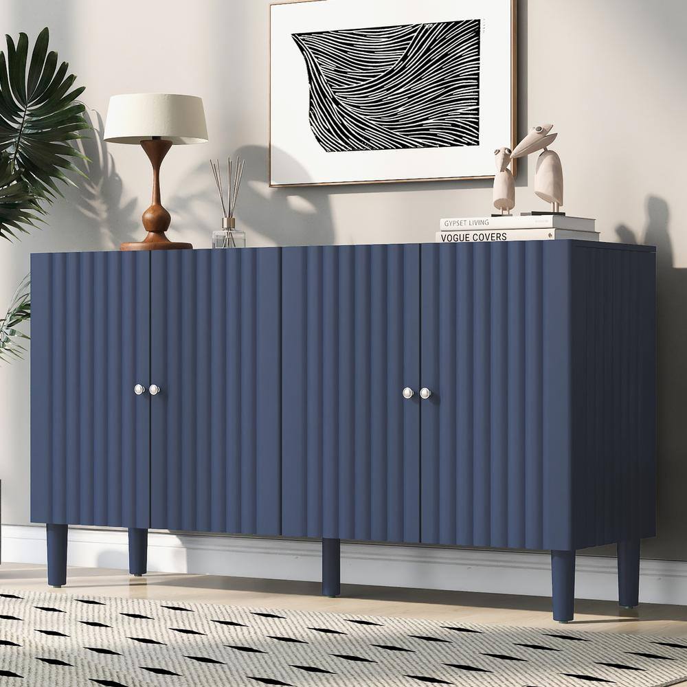 Navy Blue Wood 58.1 in. Sideboard with Adjustable Shelves, 4 Wavy Doors and 5 Rubber Wood Legs