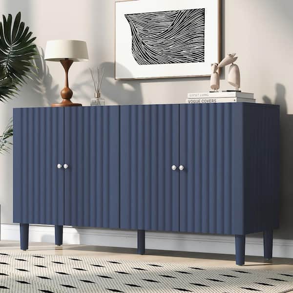 Navy Blue Wood 58.1 in. Sideboard with Adjustable Shelves, 4-Wavy Doors and 5-Rubber Wood Legs