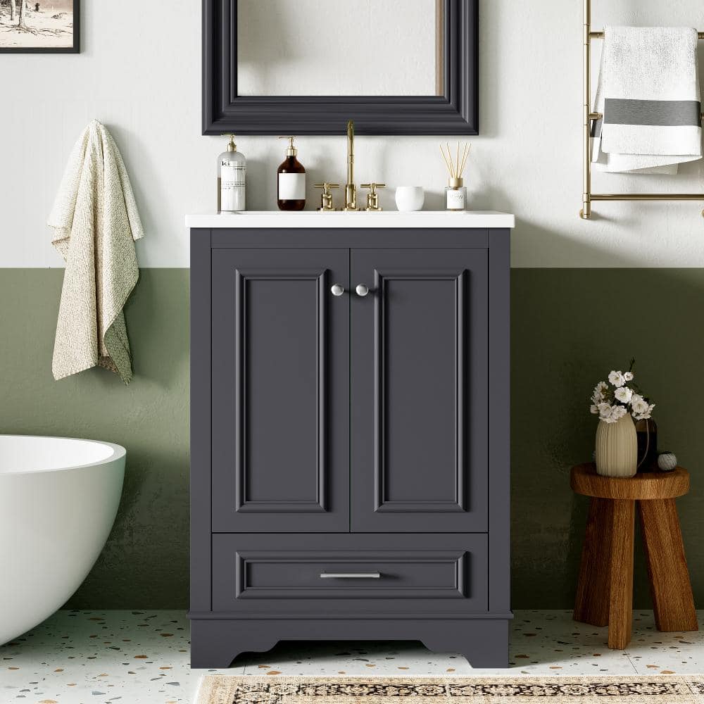 "24"" Freestanding Bathroom Vanity with Ceramic Sink, Modern Cabinet, Silver Handles, Soft Closing Doors" price history on PriceWatchPro