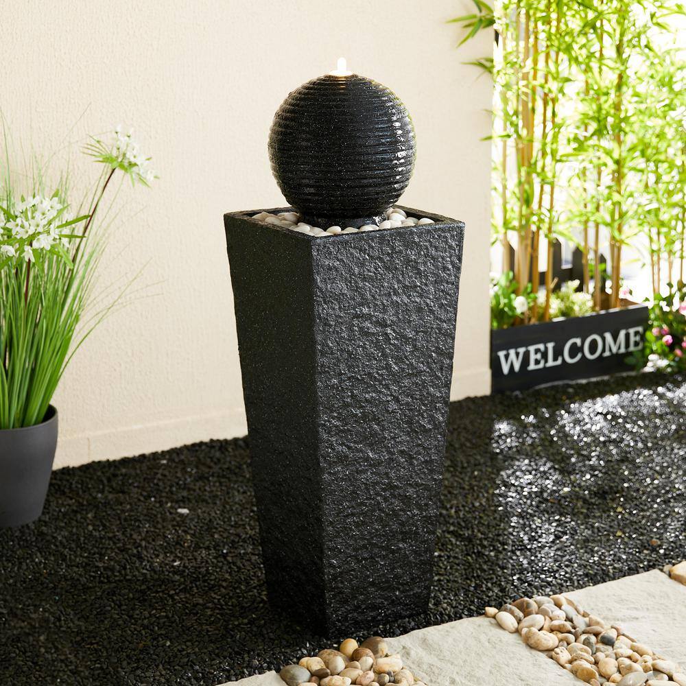 Modern Gray Polyresin Pedestal Fountain with LED Light