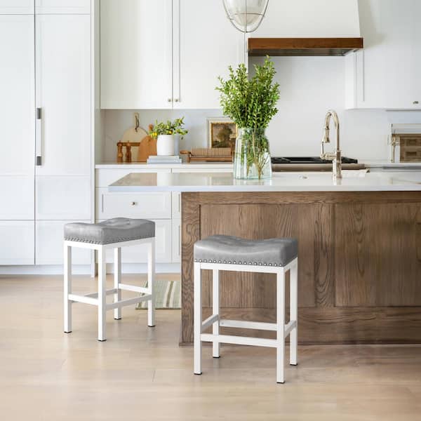 LUE BONA 24 in. Light Grey Counter Height Saddle Bar Stool Faux Leather Cushion Backless Bar Stool with Metal Legs (Set of 2)
