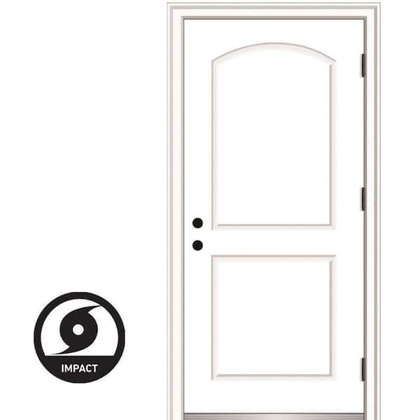 32 in. x 80 in. Severe Weather Left-Hand Outswing 2-Panel Arch Primed Fiberglass Smooth Prehung Front Door
