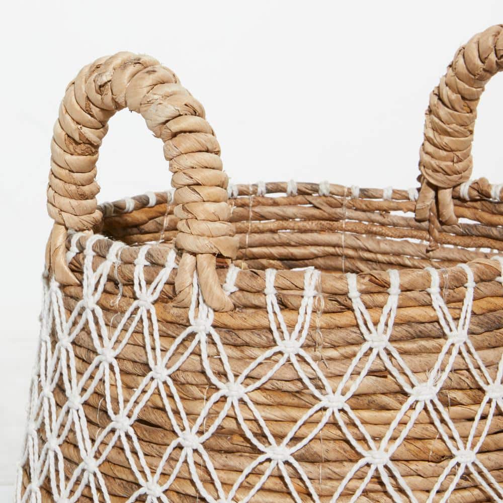 Handmade Brown and White Banana Leaf Round Storage Baskets, Set of 2