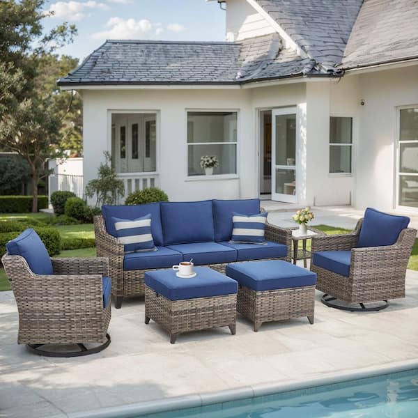 6-Piece Wicker Patio Conversation Set with Blue Cushions, Curved handrail