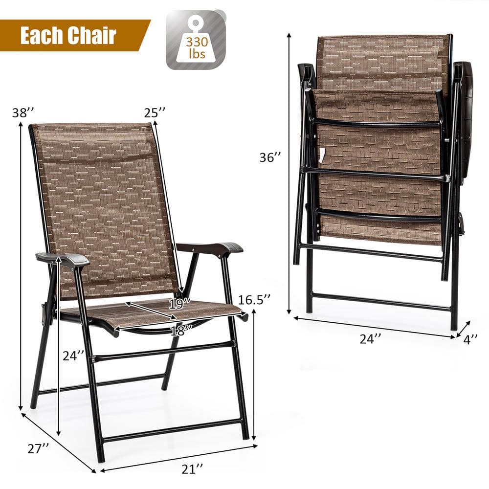 Brown Steel Frame Foldable Patio Dining Chairs with Mesh Seats, Set of 2