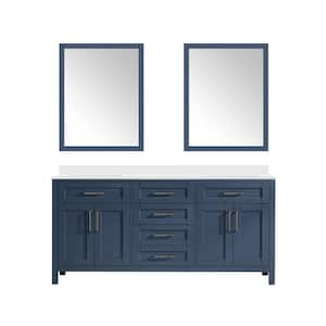 Tahoe 72 in. W x 21 in. D x 34 in. H Double Sink Vanity in Midnight Blue with White Engineered Stone Top, Mirrors & USB