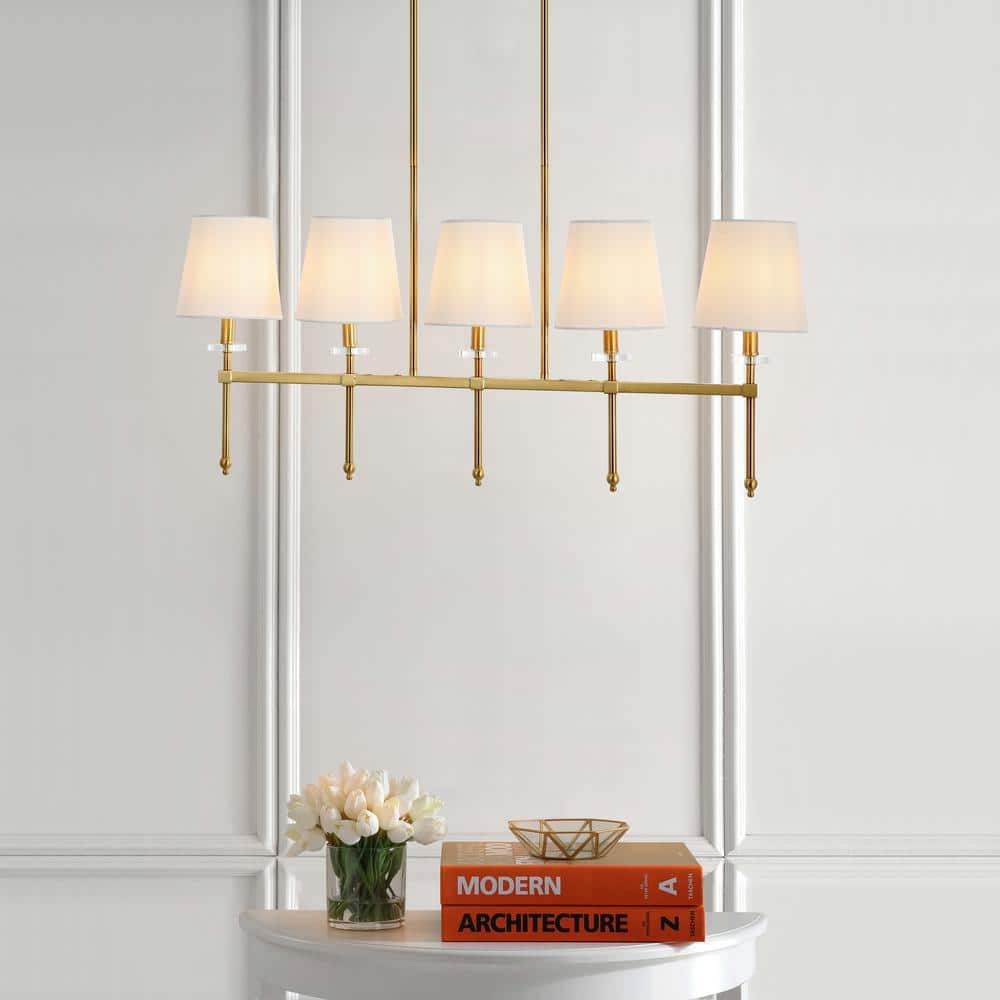 Sophie Classic 38.5" Brass Gold Linear LED Pendant with Ivory Linen Shades