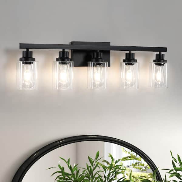 31 in. W 5-Lights Black Vanity Lighting Fixture Rustic Wall Sconces for Bathroom Over Mirrors, E26, No Bulbs Included