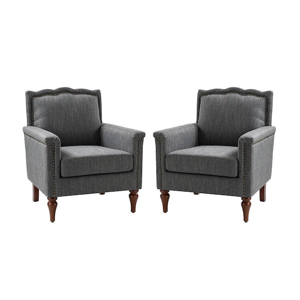 JAYDEN CREATION Darius Grey Mid-Century Modern Armchair with Solid Wood Legs and Nailhead Trim Set Of 2