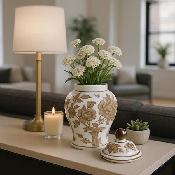 8.5 in. Brown/White Ceramic Decorative Tall Chinoiserie Jar with Lid