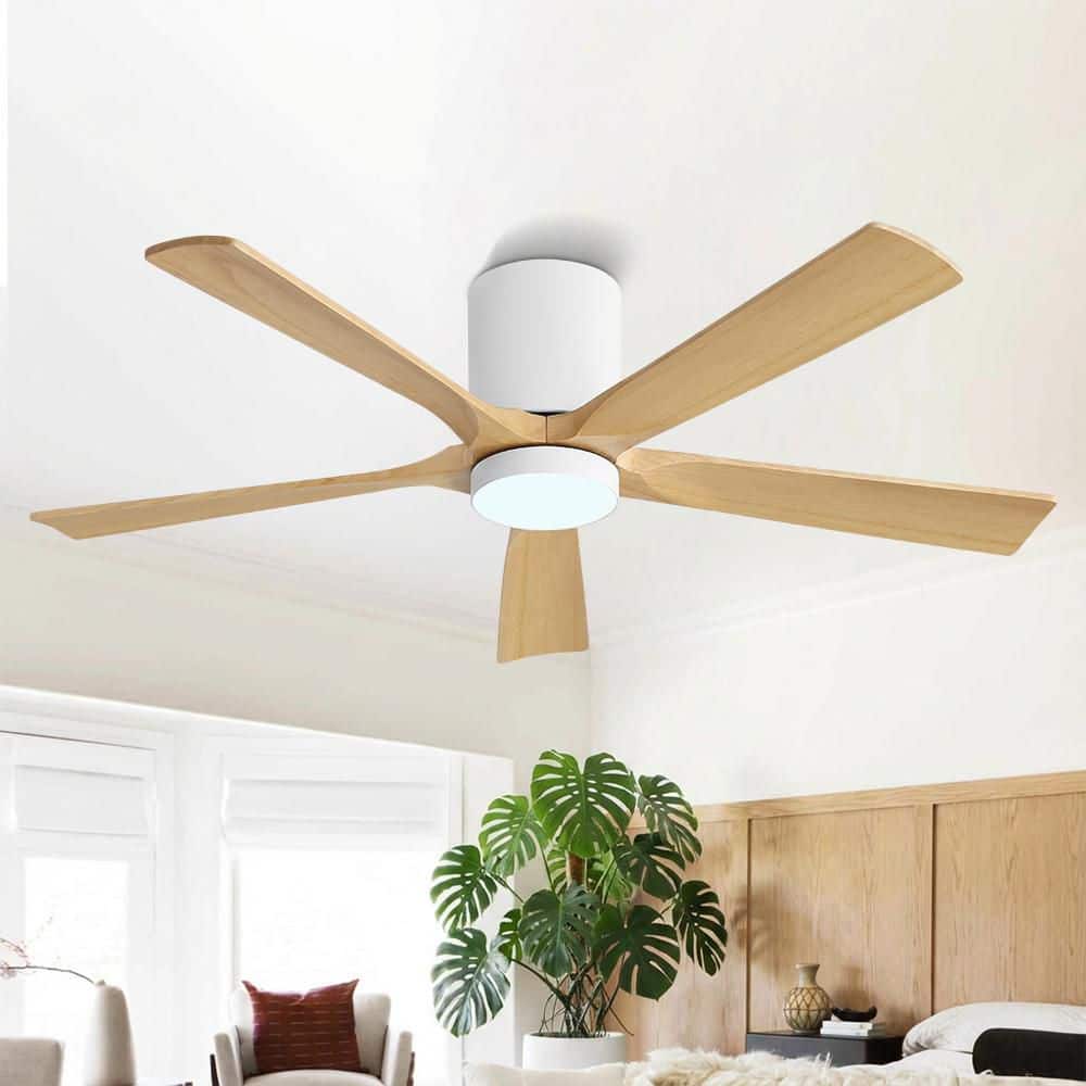 52 in. (4.3 ft. ) Indoor Flush Mount Ceiling Fan with LED Light, 5 Solid Wood Blades, White and Wood Grain price history on PriceWatchPro