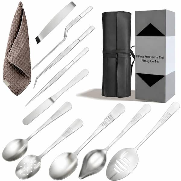 11-Piece Stainless Steel Professional Chef Culinary Plating Utensil and Tool Set with Roll Bag