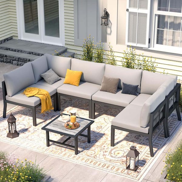 Zeus & Ruta 7-Piece Black Aluminum Outdoor Conversation Set with Gray Cushions and 1-Square Coffee Table