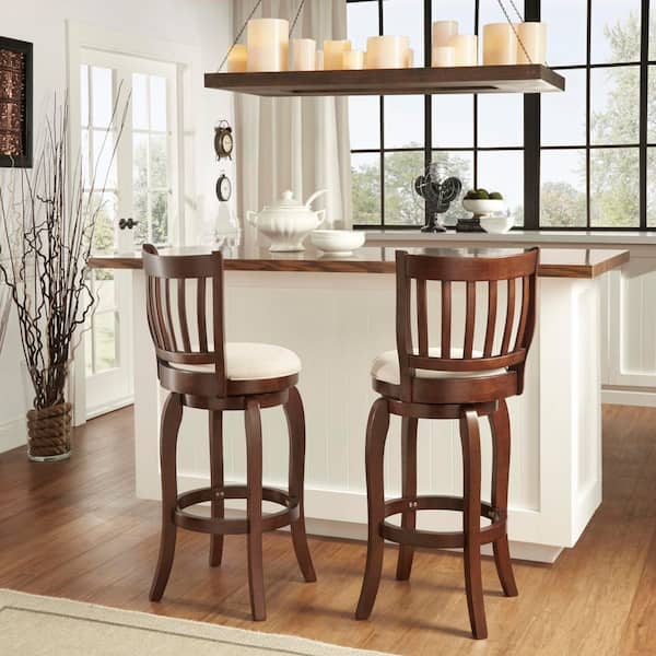 Beige 29 in. Bar Height Slatted Back Swivel Stool