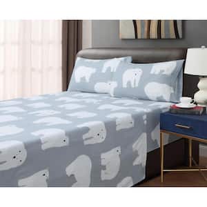 Polar Bear 4-piece Grey Cotton Flannel King Sheet Set