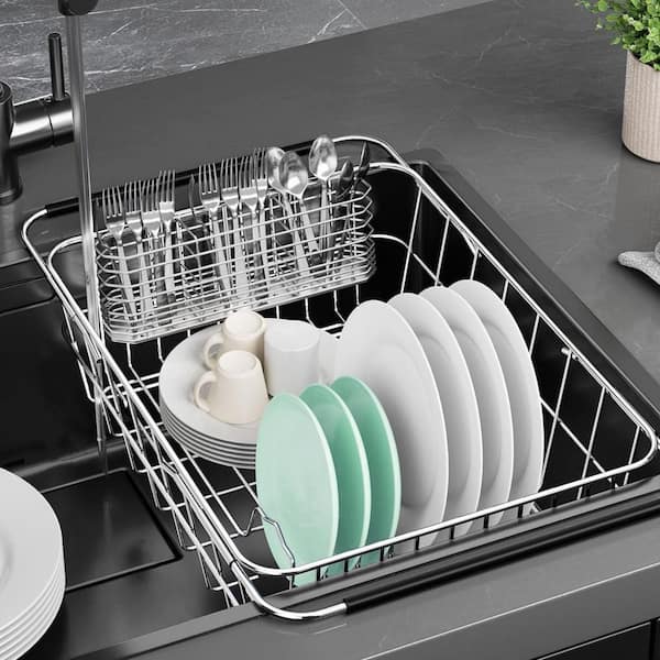 11.14 in. x 15.28 in. to 21.3 in. Adjustable Dish Drying Rack, Stainless Steel Expandable Dish Rack with Utensil Holder