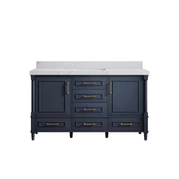 Willow Collections Hudson 60 in. W x 22 in. D x 36 in. H Single Sink Bath Vanity in Navy Blue with 2 in. Calacatta Sienna qt. Top