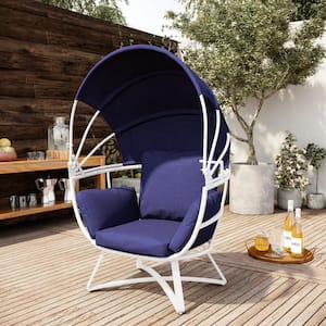 White Aluminum Outdoor Patio Egg Lounge Chair with Navy Blue Foldable Canopy and Navy Blue Cushions