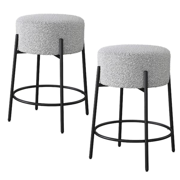 LuXeo Danica 24 in. Black Backless Metal Counter Stool with Gray Fabric Upholstered Seat, Set of 2