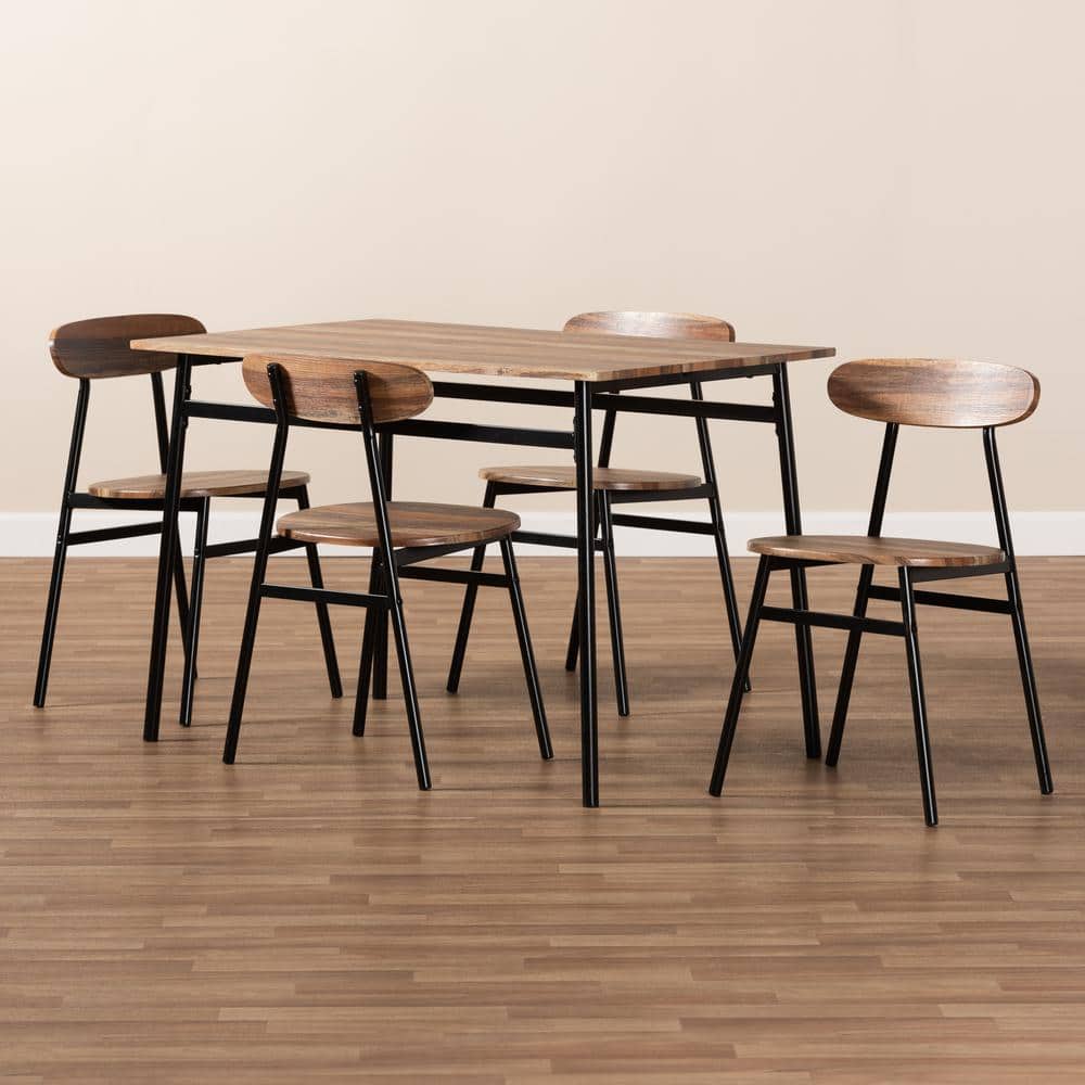 Darcia Rustic & Industrial Brown Wood and Matte Black 5-Piece Dining Set