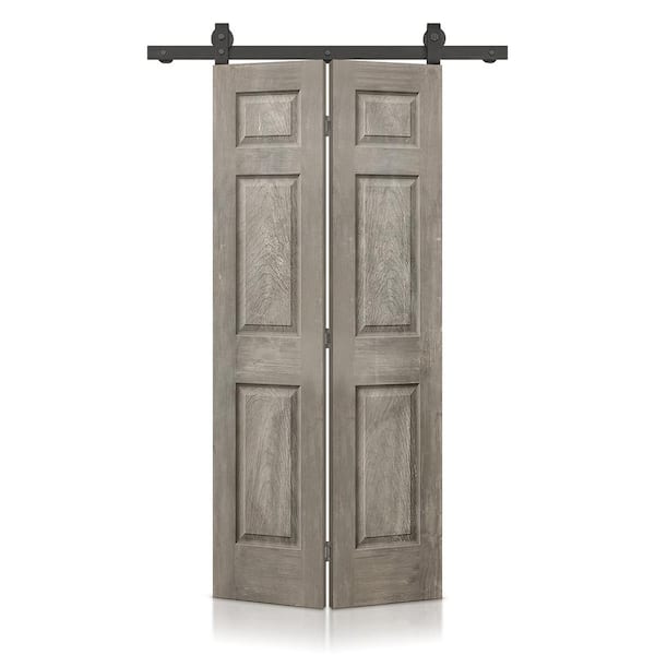 CALHOME 30 in. x 80 in. Vintage Gray Stain 6 Panel MDF Composite Hollow Core Bi-Fold Barn Door with Sliding Hardware Kit