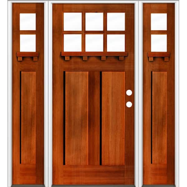 Krosswood Doors 64 in. x 80 in. Craftsman 6-Lite Clear Glass Left Hand Red Chestnut Stain Hemlock Wood Prehung Front Door w/ DSL and DS