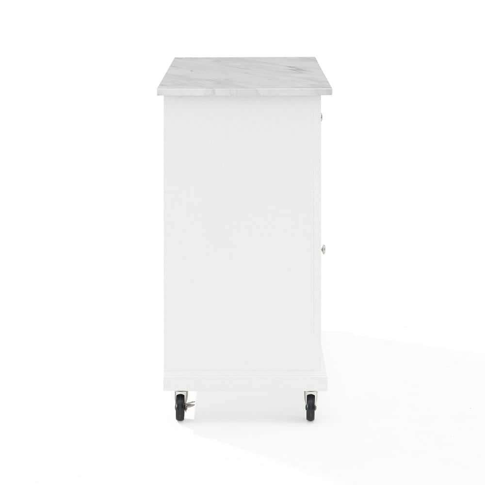 Avery Distressed White Kitchen Island Cart with Faux Marble Top