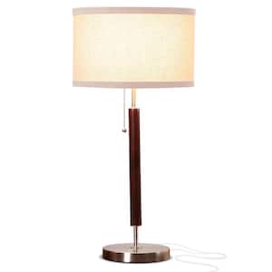 Carter 26 in. Walnut Brown Mid-Century Modern LED Standard Table Lamp with Beige Fabric Drum Shade
