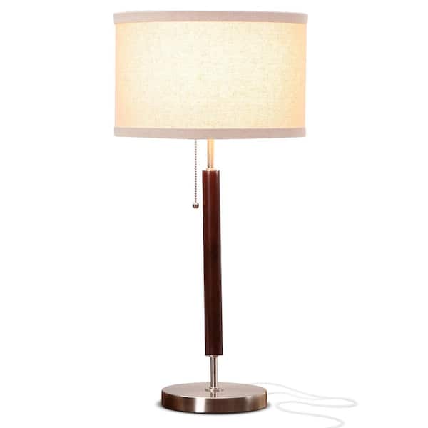 Brightech Carter 26 in. Walnut Brown Mid-Century Modern LED Standard Table Lamp with Beige Fabric Drum Shade