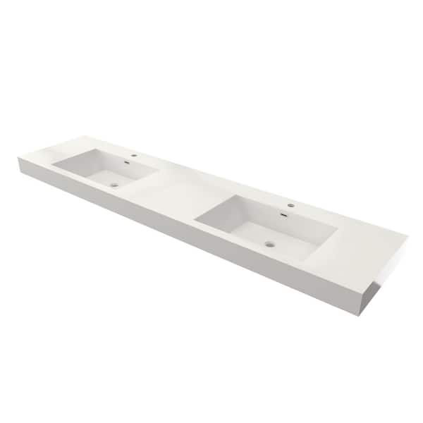 Vetra 83 x 20 in. Composite Rectangle Wall Mount or Countertop Bathroom Double Vessel Sink with Faucet Holes in White