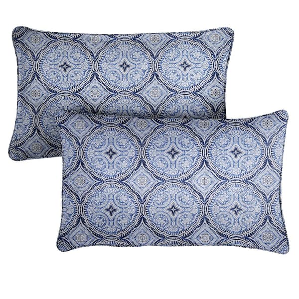 SORRA HOME Blue Rectangular Outdoor Corded Lumbar Pillows (2-Pack)
