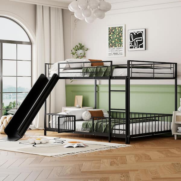 Harper & Bright Designs Black Full over Full Metal Frame Bunk Bed with Guardrails, Door and Slide