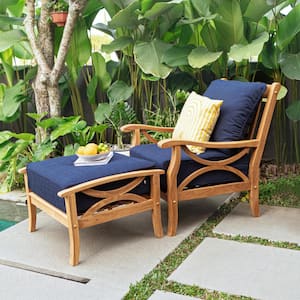 Abbington Teak Outdoor Lounge Chair Navy Cushion with Ottoman